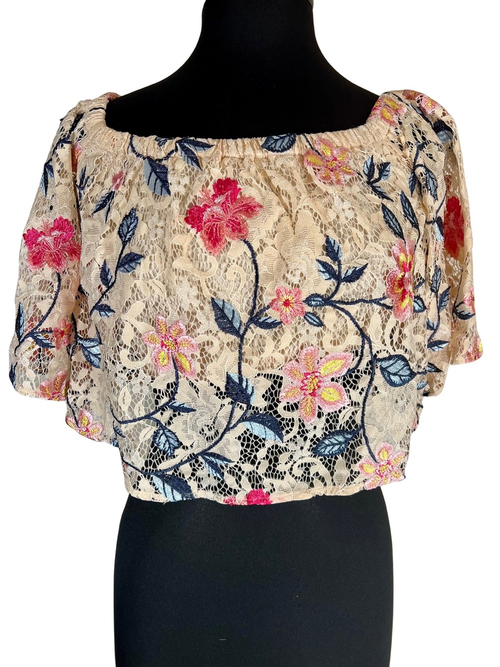 bebe Beige Peach Sheer Lace Floral Embroidered Off-Shoulder Crop Top